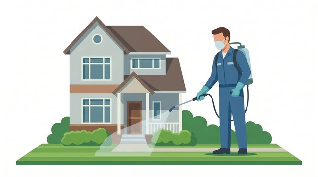 Professional pest control worker in protective gear spraying insecticide around a residential house for effective pest management and prevention.