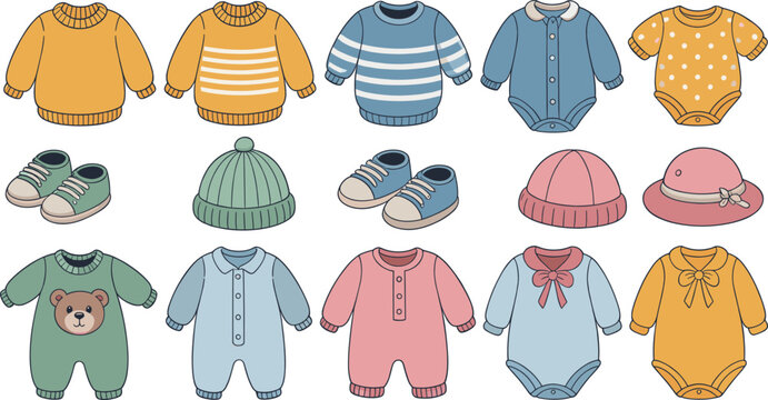 selection of baby clothes and footwear including sweaters, rompers, hats, and shoes.