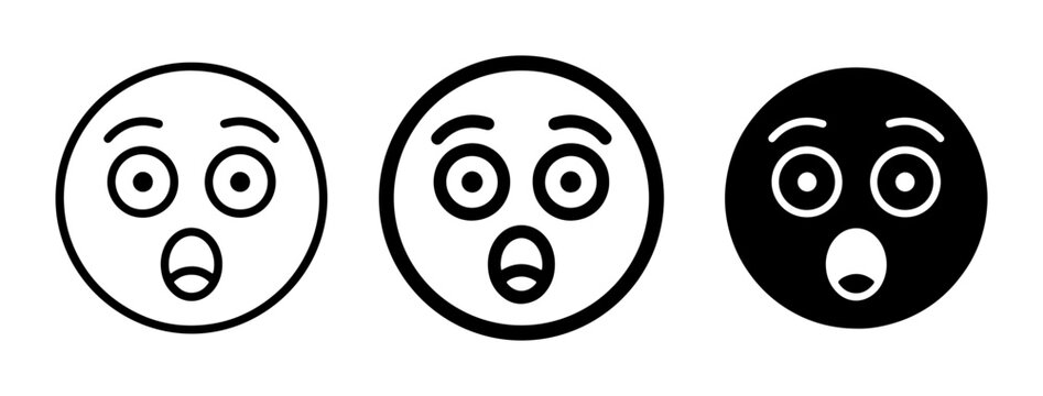 Surprised Emoji Icons, Shocked Face Vector Graphics, Astonished Expression Symbols. Set of three distinct styles: outline, filled outline, and solid black.