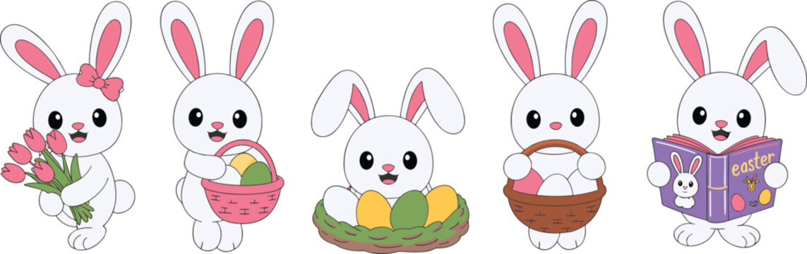 Collection of white easter bunnies with flowers baskets and holiday books.