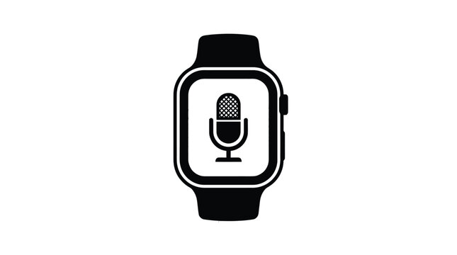 A stylized black smartwatch displays a microphone icon on its screen, symbolizing voice commands and audio recording capabilities.