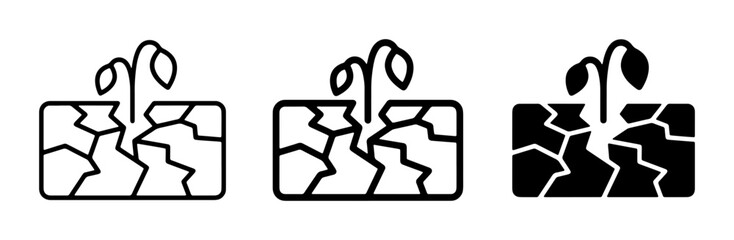 Drought Icons, Dry Cracked Earth Sprout Growth, Arid Soil Plant Iconography Set © Enamul