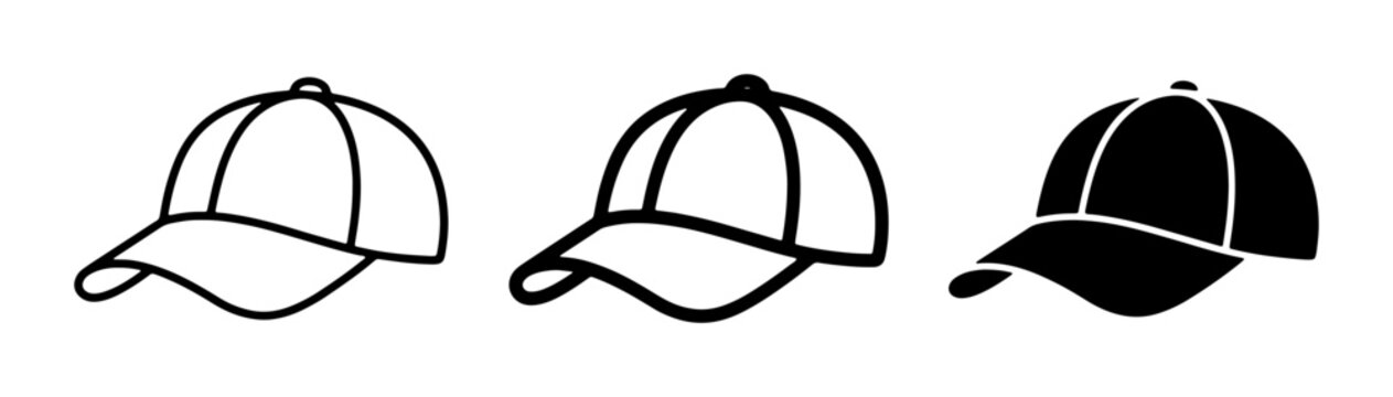 Baseball Cap Icons, Simple Line Art and Solid Silhouette, Headwear Graphics for Fashion and Sports