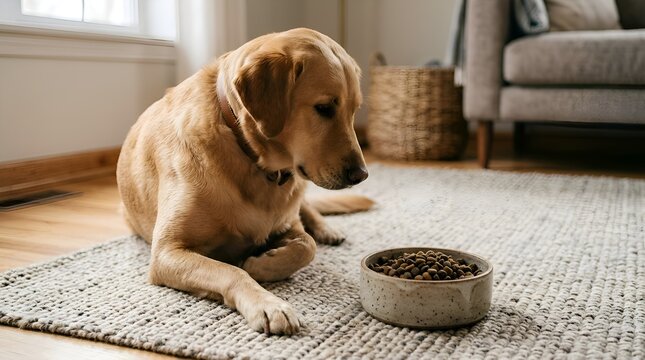 Labrador retriever contemplates food bowl on a cozy rug in a home interior