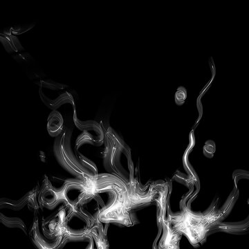 Abstract fluid white smoke and digital energy wave on black. 