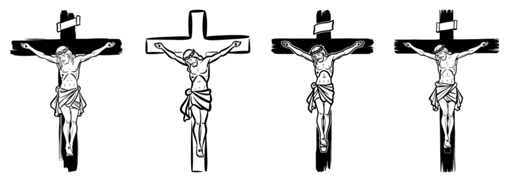 Jesus Christ crucifixion illustrations with religious holy cross figures in sketch style