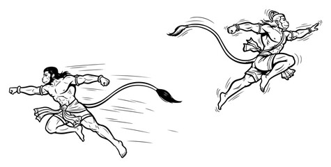 Lord Hanuman flying illustrations with Hindu monkey god in dynamic action poses © Logan