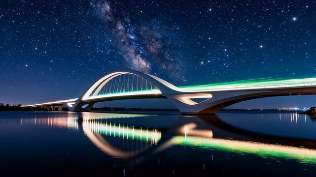 Modern illuminated bridge spanning water under starry night sky with milky way