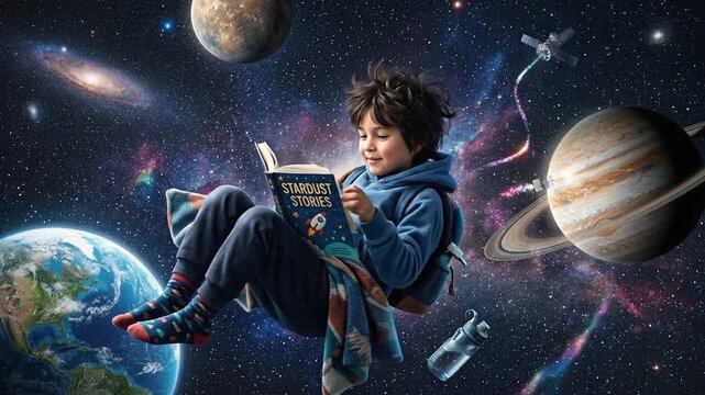 Child reads book floating among planets and stars in space