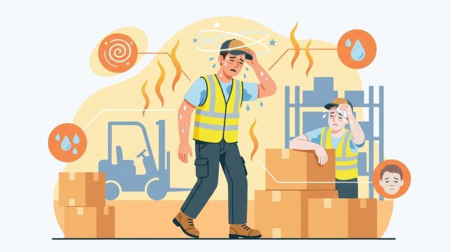 Two workers face heat stress in a warehouse. One shows discomfort while the other assists, highlighting safety concerns related to temperature.
