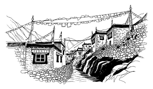 Himalayan mountain village with traditional stone houses and prayer flags in hand drawn ink sketch style