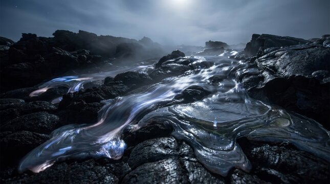 Surreal ethereal blue glowing liquid flowing over dark volcanic basalt rocks at night under a misty moonlit sky.