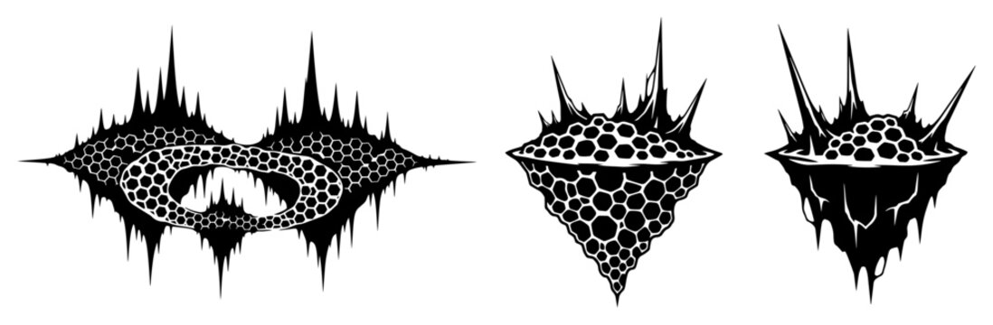 Floating spiky islands with hexagonal honeycomb patterns in dark fantasy vector style