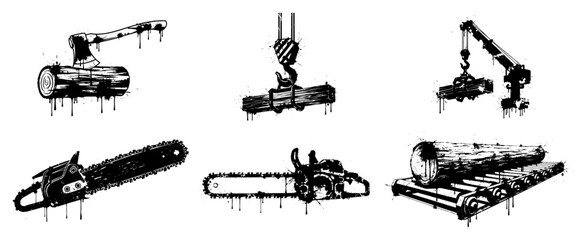 Obraz premium Forestry tools and timber harvesting machinery set with grunge ink splatters