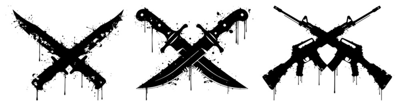 crossed tactical weapons knives and assault rifles grunge silhouettes