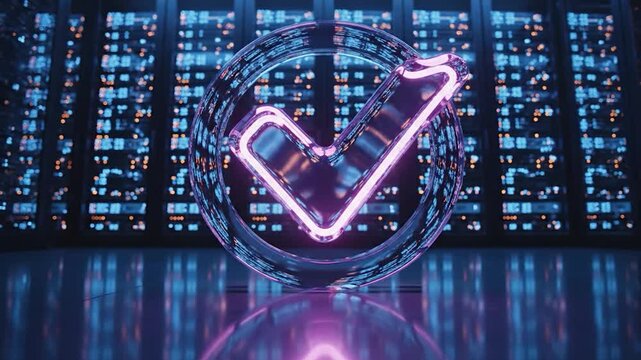 Neon checkmark icon in high tech server room.