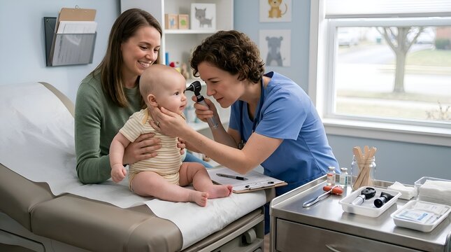 Pediatrician examining infant's ear in medical office with mother.