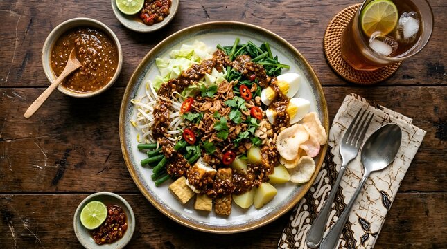 Indonesian Gado-Gado Dish, Fresh Ingredients on Wooden Table