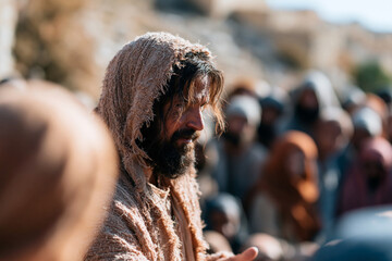 Obraz premium Jesus walks among his followers, calm and focused. His robe drapes softly, earthy and worn. His gaze speaks wisdom, patience, and compassion. The crowd gathers near, blurred but attentive