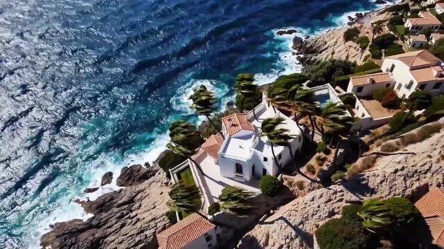 Coastal villa view overlooking blue ocean luxury white houses perched on rocky cliff with palm trees swaying in strong wind. Beautiful mediterranean scenery with waves crashing on shore, summer resort