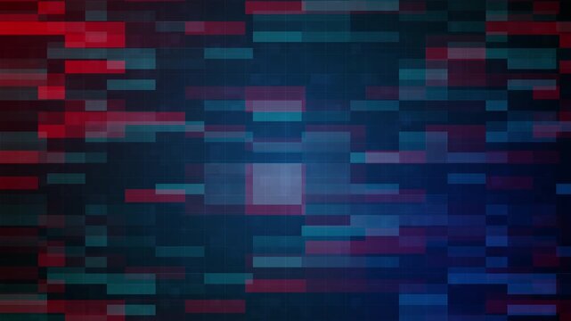 Abstract digital hacking background featuring flickering red and blue rectangular blocks on a dark grid pattern perfect for technology intros and cyber security visuals