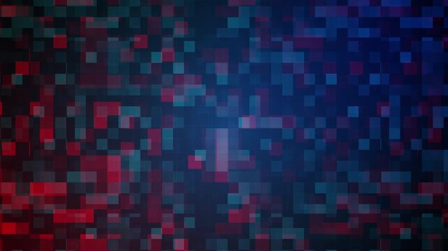 Dark blue and red digital data stream background featuring flickering square pixels and a grid overlay perfect for hacking intro videos and cyber security motion graphics
