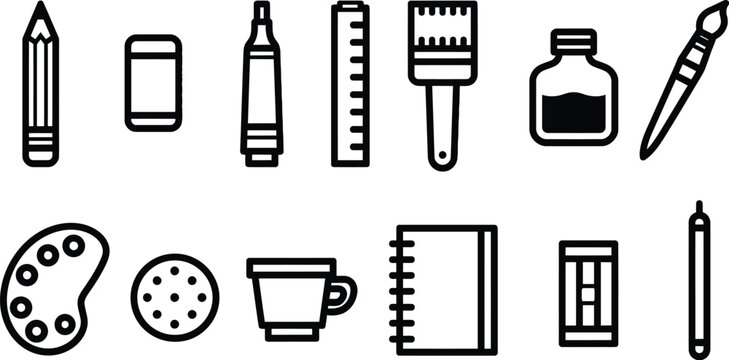 Drawing and painting tools: pencil eraser marker ruler brush ink