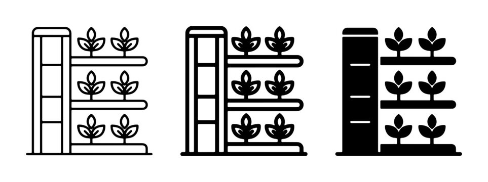 Vertical Farming Icons, Hydroponic Systems, Urban Agriculture Graphics, Stacked Plant Shelves, Sustainable Food Production Vector Set