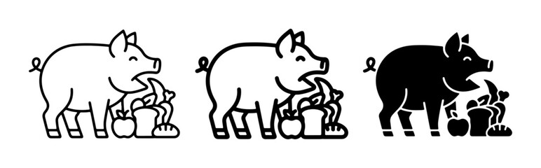 Happy Pig Eating Fruit and Vegetables, Vector Icons Set: Line Art and Silhouette Styles for Farm, Food, and Healthy Lifestyle Graphics © Shakil