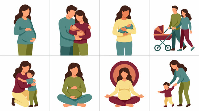 Pregnancy and Motherhood Journey Illustrations: Stages of Family Life