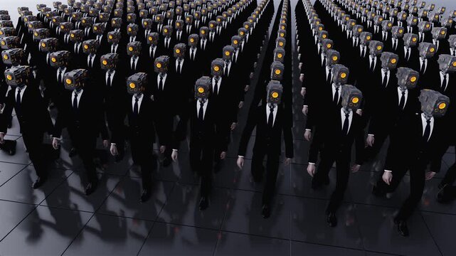 3d animation of humanoid cyborgs with technology heads wearing business suits. Concept of total control, mass monitoring, privacy loss and futuristic corporate dictatorship.