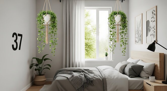 Cozy modern bedroom interior featuring hanging macrame planters with lush green vines and soft neutral tones for a relaxing minimalist home decor aesthetic