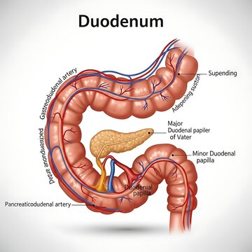 Anatomical diagram of the human duodenum with labeled structures.