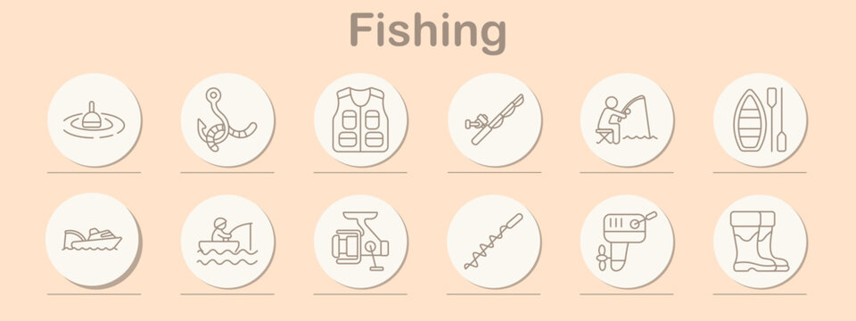 Fishing set icon. Line symbols depict float bobber, hook bait, fishing vest, rod reel, angler catch, boat kayak, motor boat, fisherman, spinning reel, ice auger, fish finder, rubber boots.