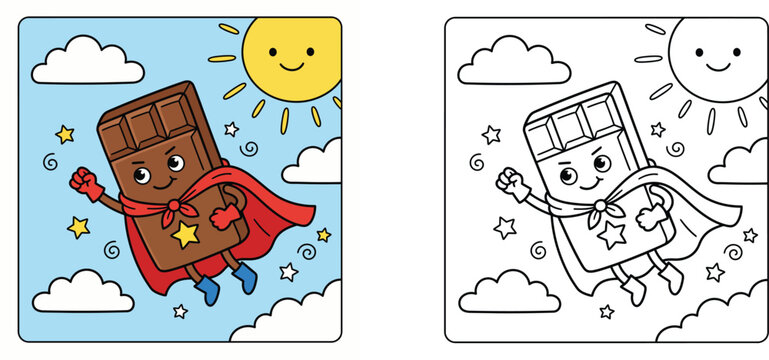 Cute superhero chocolate bar flying in the sky vector illustration, coloring book page template with colored example and black and white outline for kids activity