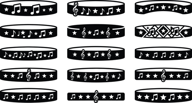Collection of music themed wristbands and bracelets with notes and stars.