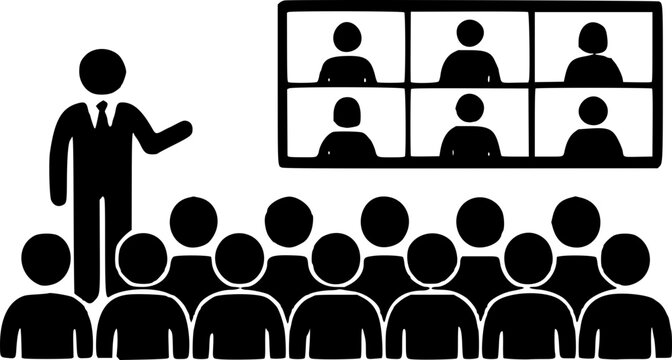 A suited man presents to a diverse group of people in a conference setting with remote participants on a screen.