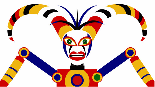 Futuristic robotic jester with colorful horns and face paint vector illustration for tech and entertainment