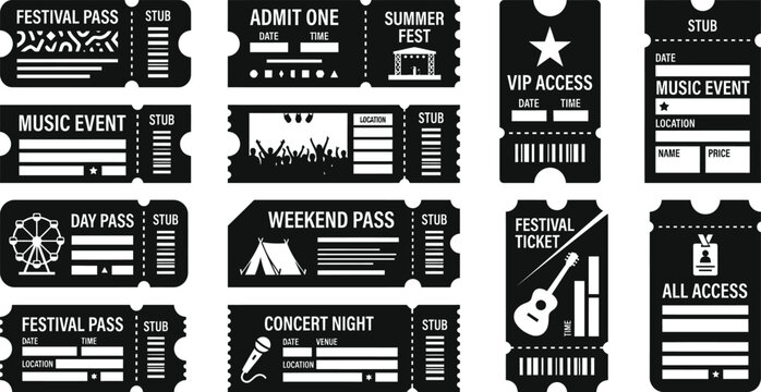 Diverse collection of event tickets and passes with various designs for festivals and concerts.