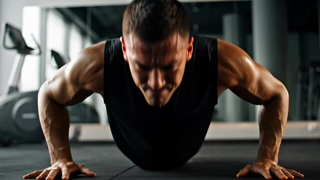 Man performing push ups in a gym with fitness equipment