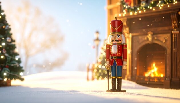 &ldquo;A traditional nutcracker soldier stands in snowy warmth before a glowing house and Christmas tree, symbolizing holiday tradition, joy, and the timeless spirit of winter festivity.&rdquo;