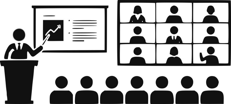 Online business meeting with presenter and remote team members in virtual conference on screen, teamwork and collaboration concept, black and white illustration.