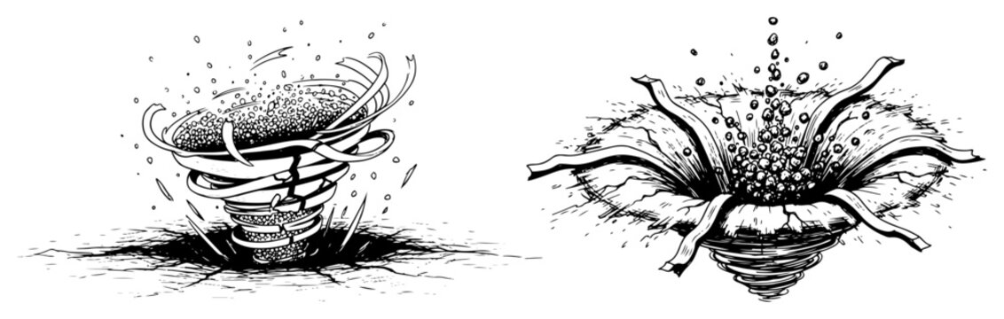 Swirling vortex and deep ground abyss portals in detailed engraving line art style