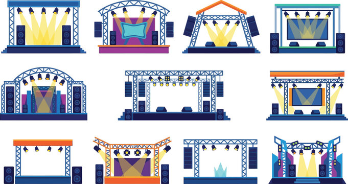 Set of vector stage designs for music concerts and theater performances with professional lighting equipment and speakers.