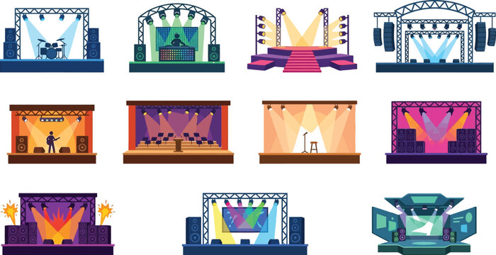Diverse collection of performance stage vector flat icons featuring various musical instrument setups and lighting rigs.