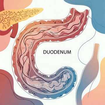 Anatomy diagram showing human duodenum in digestive system.