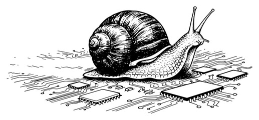 Snail crawling on computer motherboard with microchips in hand drawn engraving style © Logan