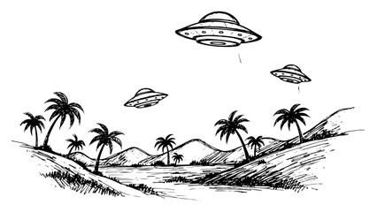 Flying saucers hovering over a tropical beach landscape with palm trees in hand drawn ink sketch style © Logan