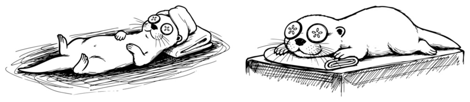 Otters relaxing at spa with cucumber slices on eyes black ink sketch style
