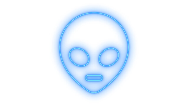 Colorful neon alien head icon with glowing outlines and large extraterrestrial eyes representing science fiction and space technology themes isolated on transparent background
